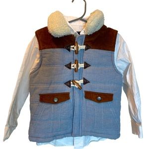 Oshkosh sleeveless vest, with a Vineyard Vines whale shirt, white button down.